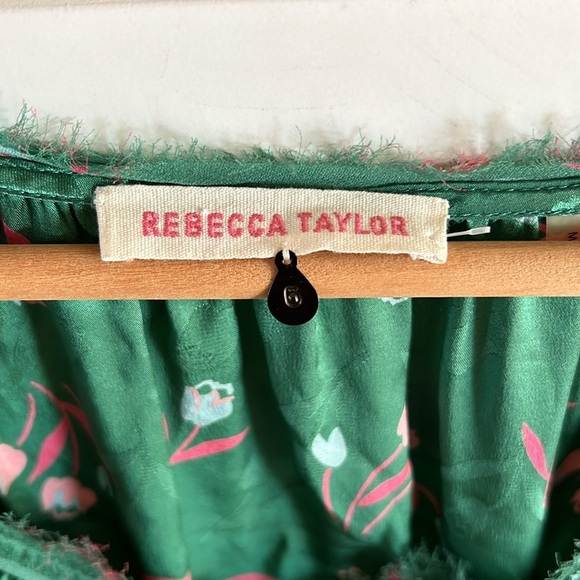 Rebecca Taylor Size 6 Green Floral 100% Silk Long Sleeve Tie Waist Blouse - Picture 5 of 11